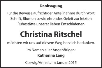 Traueranzeige von Christina Ritschel von Super Sonntag Wittenberg