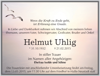 Traueranzeige von Helmut Uhlig von Mitteldeutsche Zeitung Halle/Saalkreis