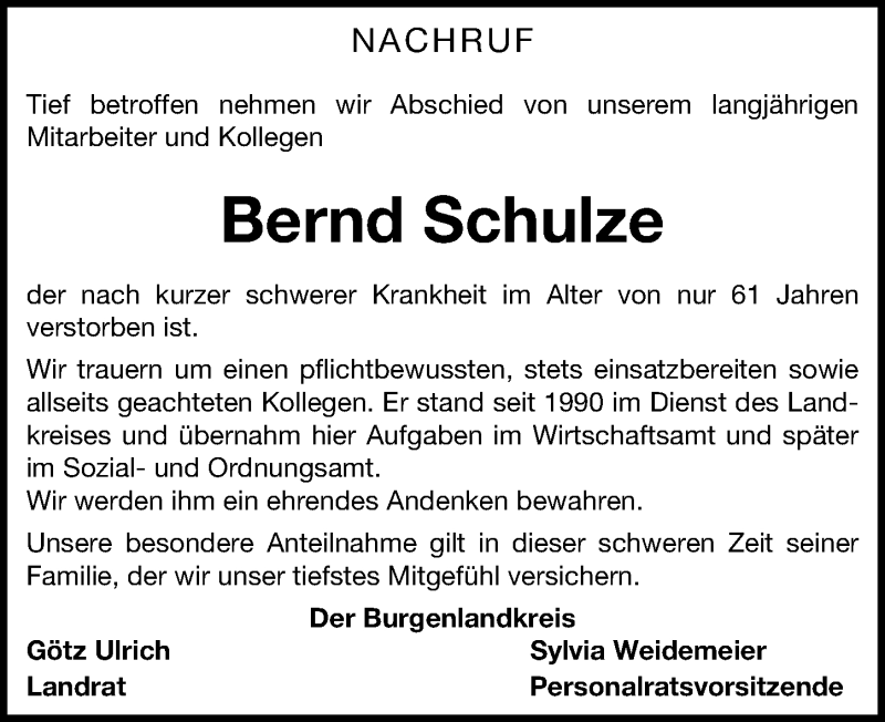  Traueranzeige für Bernd Schulze vom 11.02.2015 aus Mitteldeutsche Zeitung