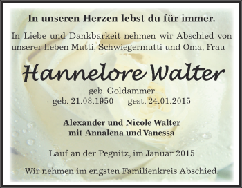 Traueranzeige von Hannelore Walter von Super Sonntag Zeitz