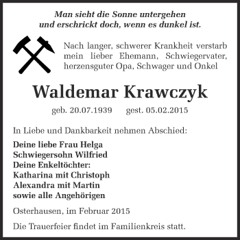Traueranzeige von Waldemar Krawczyk von WVG - Wochenspiegel SGH