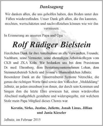 Traueranzeige von Rolf Rüdiger Bielstein von WVG - Wochenspiegel Bitterfeld