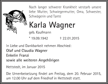 Traueranzeige von Karla Wagner von Wochenspiegel Mansfelder Land