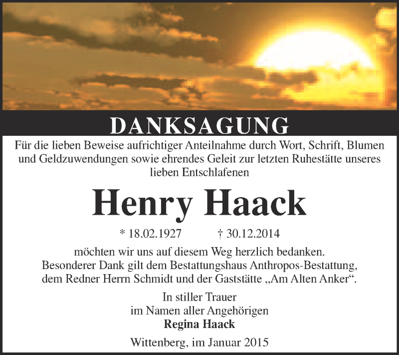  Traueranzeige für Henry Haack vom 08.02.2015 aus Super Sonntag Wittenberg