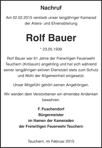 Traueranzeige von Rolf Bauer von WVG - Wochenspiegel NMB / WSF / ZTZ