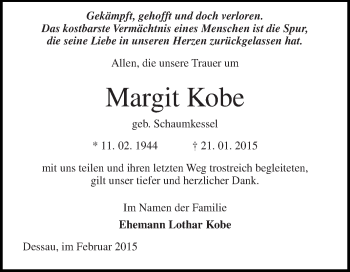 Traueranzeige von Margit Kobe von WVG - Wochenspiegel Dessau / Köthen