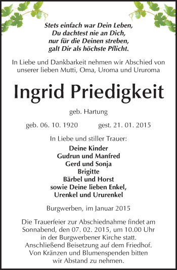 Traueranzeige von Ingrid Priedigkeit von Mitteldeutsche Zeitung Weißenfels