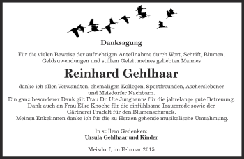 Traueranzeige von Reinhard Gehlhaar von Super Sonntag Aschersleben