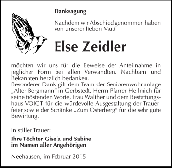 Traueranzeige von Else Zeidler von Mitteldeutsche Zeitung Mansfelder Land