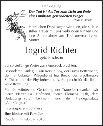 Traueranzeige von Ingrid Richter von WVG - Wochenspiegel Wittenberg