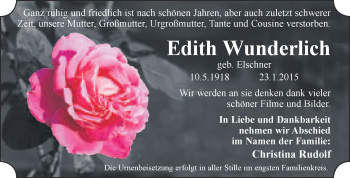Traueranzeige von Edith Wunderlich von Super Sonntag Wittenberg