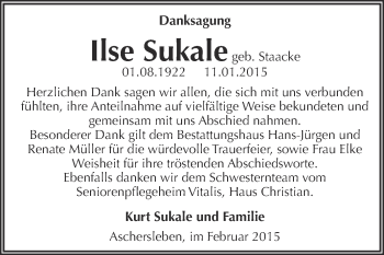 Traueranzeige von Ilse Sukale von Super Sonntag Aschersleben