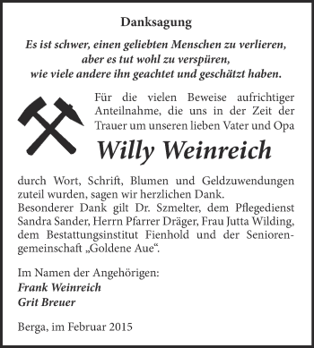 Traueranzeige von Willy Weinreich von Super Sonntag SGH Mansf. Land