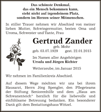 Traueranzeige von Gertrud Zander von Super Sonntag Zeitz