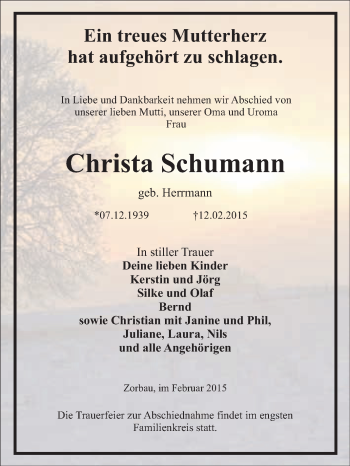 Traueranzeige von Christa Schumann von WVG - Wochenspiegel NMB / WSF / ZTZ