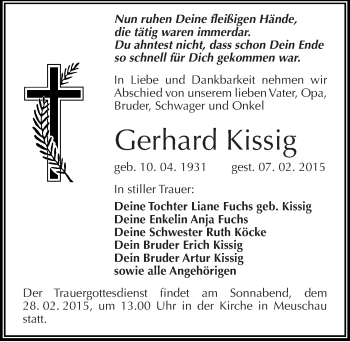 Traueranzeige von Gerhard Kissig von Mitteldeutsche Zeitung Merseburg/Querfurt