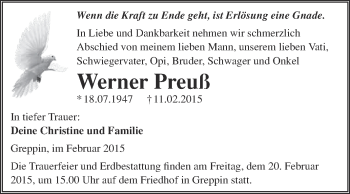 Traueranzeige von Werner Preuß von WVG - Wochenspiegel Bitterfeld