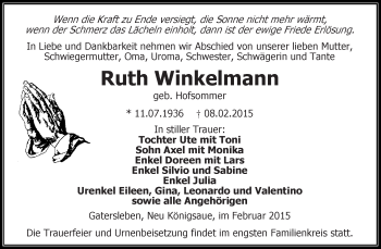 Traueranzeige von Ruth Winkelmann von Super Sonntag Aschersleben