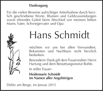 Traueranzeige von Hans Schmidt von WVG - Wochenspiegel Merseburg