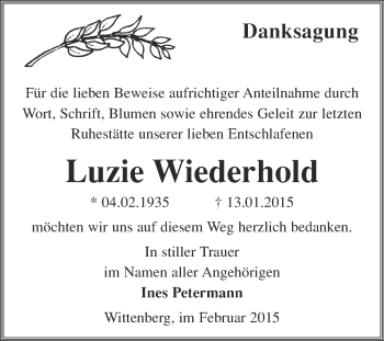 Traueranzeige von Luzie Wiederhold von Super Sonntag Wittenberg