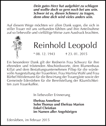 Traueranzeige von Reinhold Leopold von Mitteldeutsche Zeitung Sangerhausen