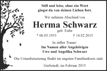 Traueranzeige von Herma Schwarz von Super Sonntag SGH Mansf. Land