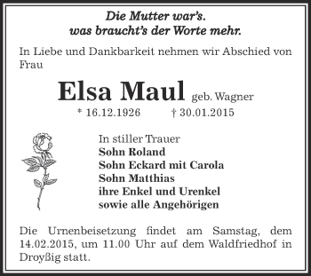 Traueranzeige von Elsa Maul von Super Sonntag Zeitz