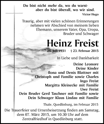Traueranzeige von Heinz Freist von Mitteldeutsche Zeitung Quedlinburg