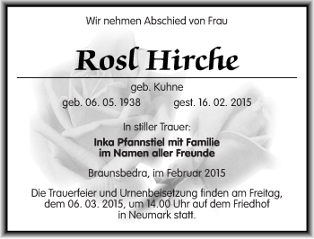 Traueranzeige von Rosl Hirche von Mitteldeutsche Zeitung Merseburg/Querfurt