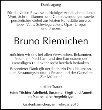 Traueranzeige von Bruno Riemichen von Mitteldeutsche Zeitung Wittenberg