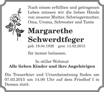 Traueranzeige von Margarethe Schwerdtfeger von WVG - Wochenspiegel Dessau / Köthen