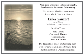 Traueranzeige von Erika Ganzert von WVG - Wochenspiegel Quedlinburg