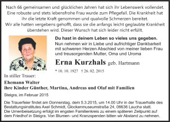 Traueranzeige von Erna Kurzhals von Mitteldeutsche Zeitung Naumburg/Nebra