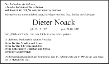 Traueranzeige von Dieter Noack von WVG - Wochenspiegel Wittenberg