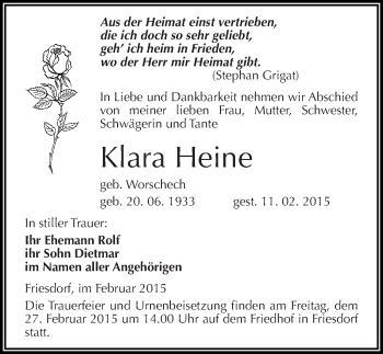 Traueranzeige von Klara Heine von Mitteldeutsche Zeitung Mansfelder Land