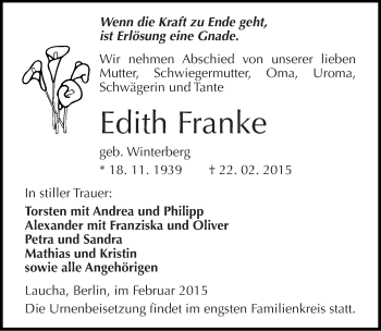 Traueranzeige von Edith Franke von Mitteldeutsche Zeitung Naumburg/Nebra