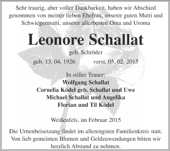Traueranzeige von Leonore Schallat von WVG - Wochenspiegel NMB / WSF / ZTZ