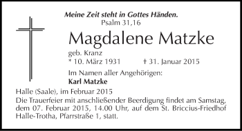 Traueranzeige von Magdalene Matzke von Mitteldeutsche Zeitung Halle/Saalkreis