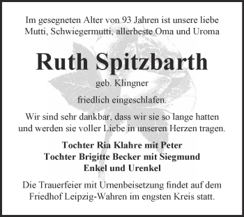 Traueranzeige von Ruth Spitzbarth von Super Sonntag Merseburg