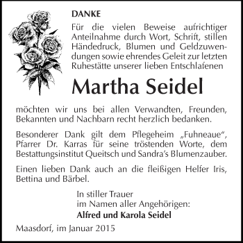Traueranzeige von Martha Seidel von WVG - Wochenspiegel Dessau / Köthen