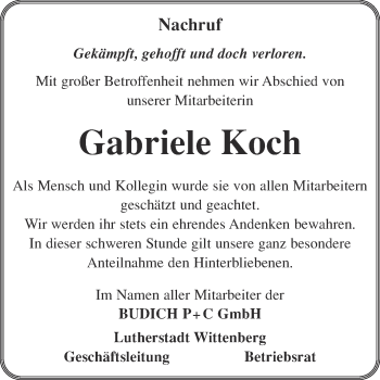 Traueranzeige von Gabriele Koch von Super Sonntag Wittenberg