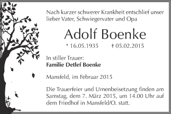 Traueranzeige von Adolf Boenke von Wochenspiegel Mansfelder Land