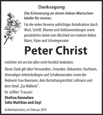 Traueranzeige von Peter Christ von WVG - Wochenspiegel Wittenberg