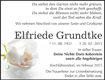 Traueranzeige von Elfriede Grundtke von Mitteldeutsche Zeitung Merseburg/Querfurt