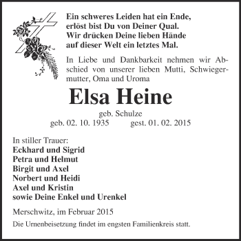 Traueranzeige von Elsa Heine von WVG - Wochenspiegel Wittenberg