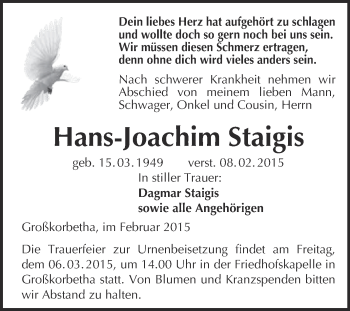 Traueranzeige von Hans-Joachim Staigis von WVG - Wochenspiegel NMB / WSF / ZTZ