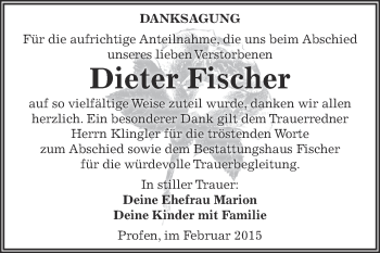 Traueranzeige von Dieter Fischer von Super Sonntag Zeitz