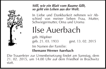 Traueranzeige von Ilse Auerbach von Mitteldeutsche Zeitung Halle/Saalkreis