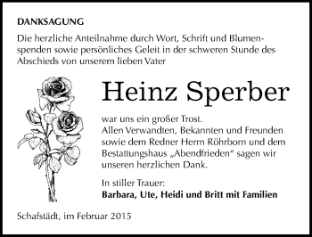 Traueranzeige von Heinz Sperber von Mitteldeutsche Zeitung Merseburg/Querfurt