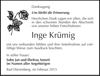 Traueranzeige von Inge Krümig von Mitteldeutsche Zeitung Merseburg/Querfurt